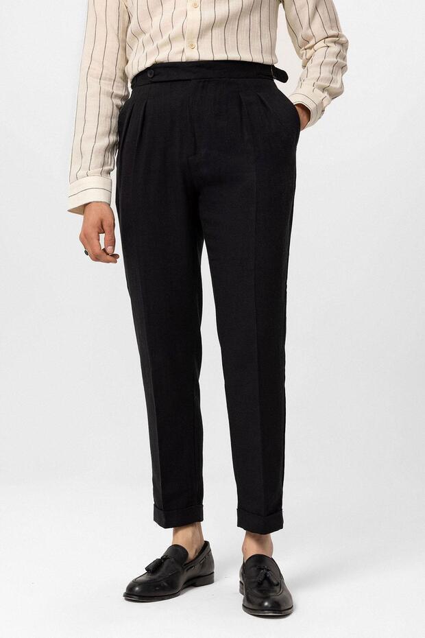 High Waist Linen Blend Double-Legged Men's Trousers