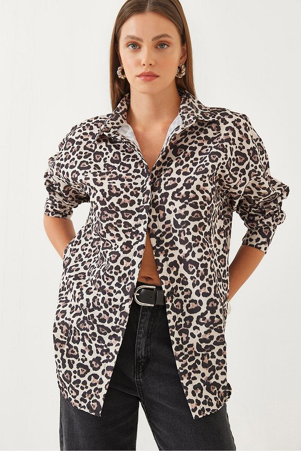 Kadın Leopar Desenli Oversize Basic Gömlek 60351003 - 8