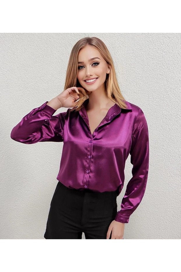 Women's Purple Satin Surface Hijab Shirt Hzl25W-Bd 139641