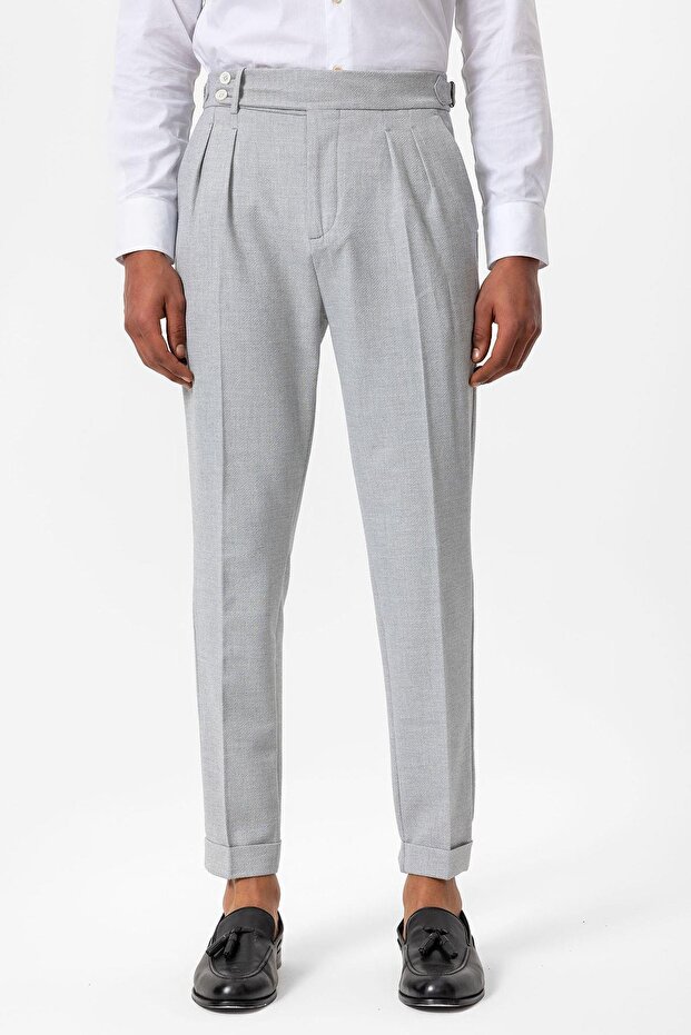 Gray High Waist Pleated Textured Men's Trousers