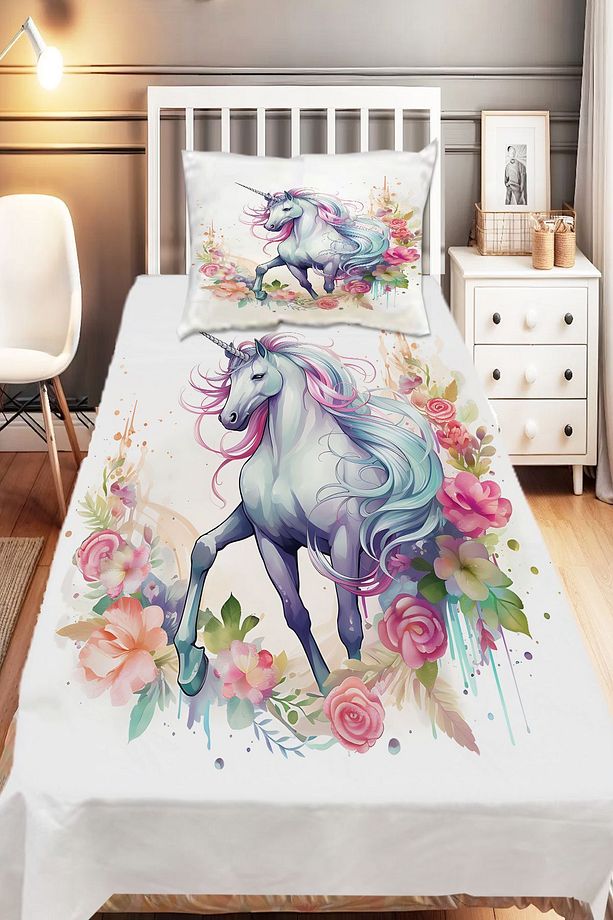 Renkli Çiçekli Unicorn Atlı Desenli Kız Çocuk Tek Kişilik Dekoratif Yatak Örtüsü Yastık Kılıflı - 1