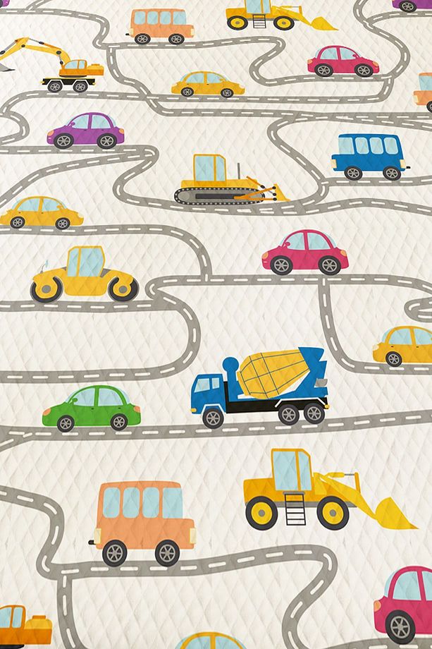 İş Makineleri Trafik Desenli Erkek Çocuk Tek Kişilik Pike Takımı Kapitoneli Yatak Örtüsü - 2