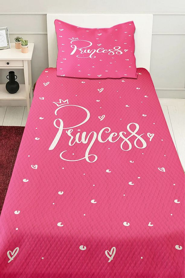 Pembe Beyaz Prenses Yazılı Desenli Kız Çocuk Tek Kişilik Pike Takımı Kapitoneli Yatak Örtüsü - 1