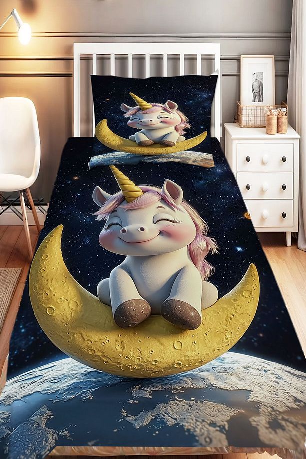 Ayda Oturan Unicorn Desenli Kız Çocuk Tek Kişilik Dekoratif Yatak Örtüsü Yastık Kılıflı - 1