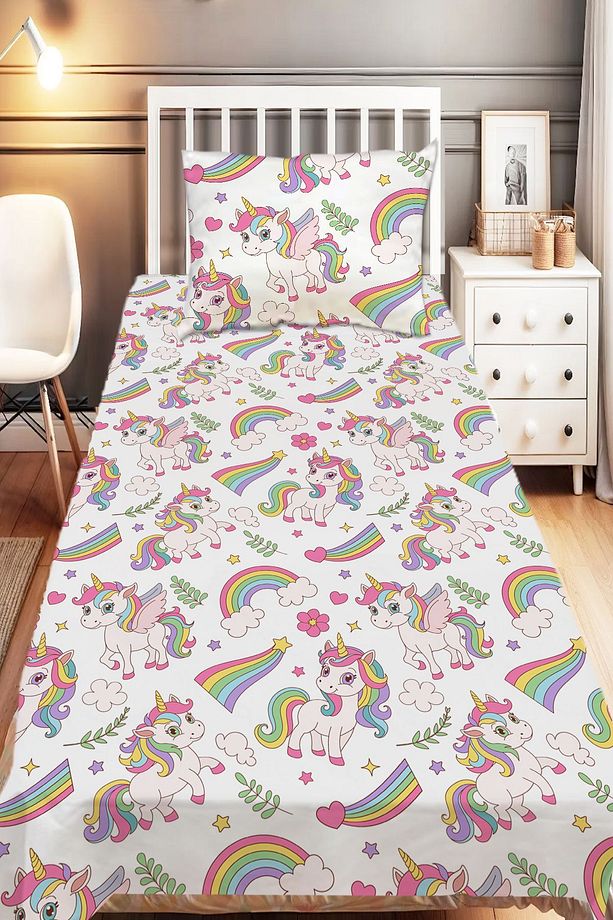 Gökkuşağı Unicorn Atlı Desenli Kız Çocuk Tek Kişilik Dekoratif Yatak Örtüsü Yastık Kılıflı - 1