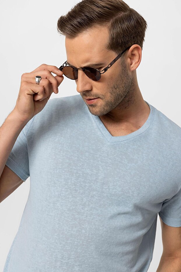 Bebe Mavi V Yaka Basic Erkek T-Shirt - 4