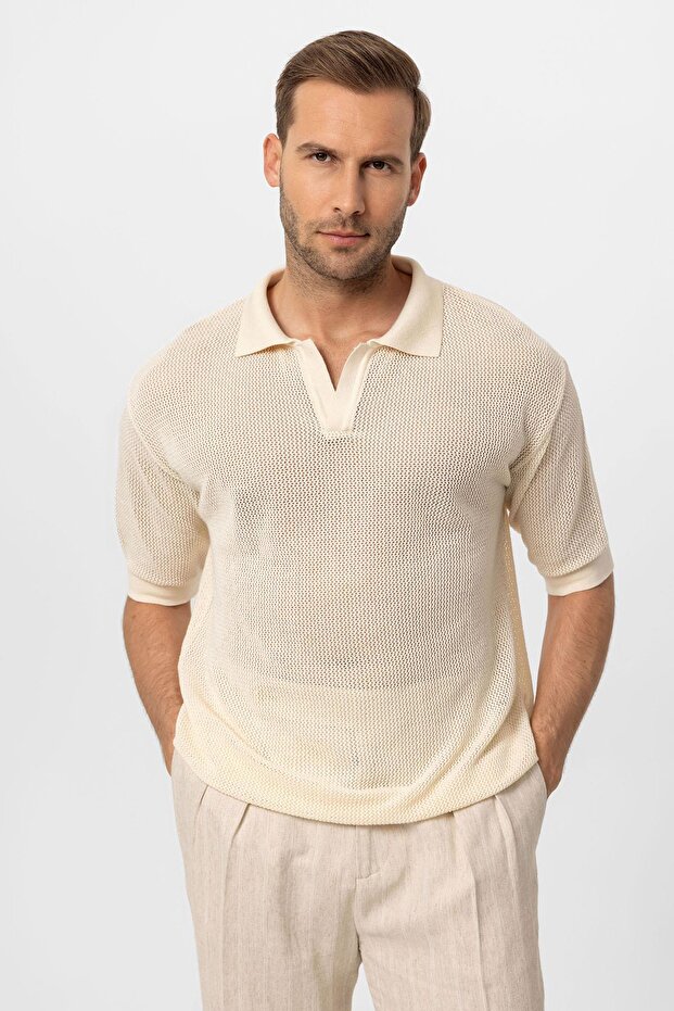 Polo collar Lace-Like Knit men's t-shirt