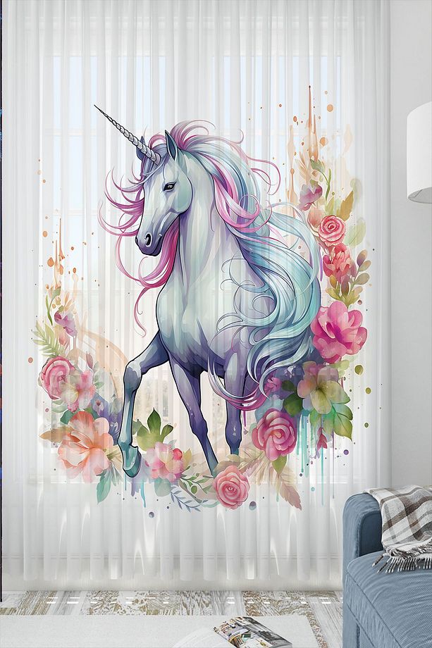 Renkli Çiçekli Unicorn Atlı Desenli Kız Çocuk Tül Perde Tek Kanat 140x260cm - 1