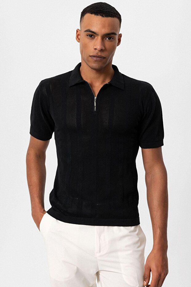 Polo Collar Zippered Knitted Men's T-Shirt