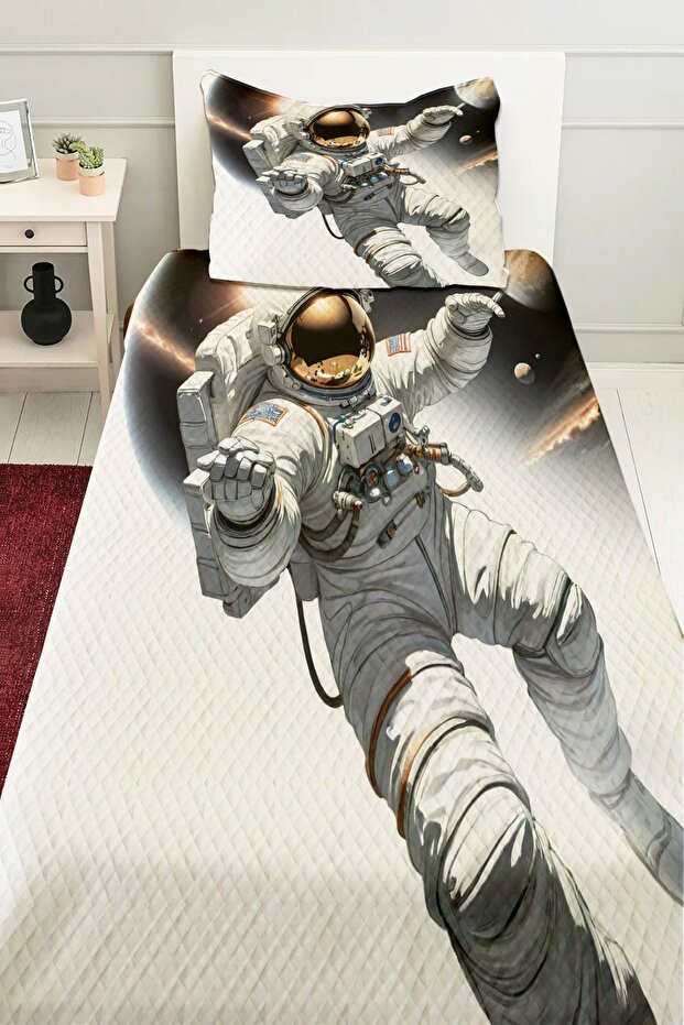 Astronot Kozmonot Desenli Erkek Çocuk Tek Kişilik Pike Takımı Kapitoneli Yatak Örtüsü - 1