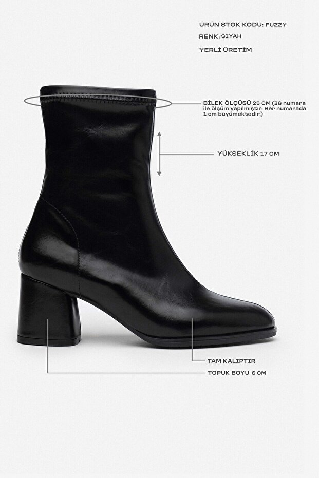 Fuzzy fekete sztreccs cipzáras részletes női sarkú csizma - 3