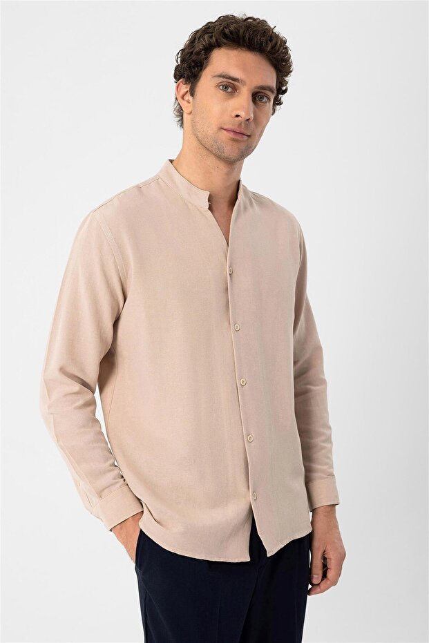 Beige Judge Collar Long Sleeve Men's Shirt