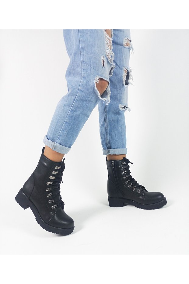 Black Lace-Up Zippered Women's Boots
