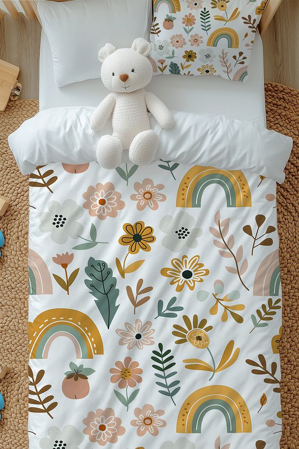 Çiçekli Boho Gökkuşağı Desenli Kız Çocuk Tek Kişilik Nevresim Takımı Yastık Kılıflı - 1