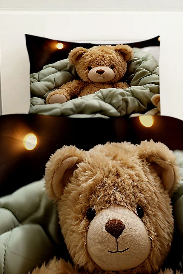 Oyuncak Ayı Teddy Desenli Kız Çocuk Tek Kişilik Kapitoneli Yorgan Kılıfı Uyku Seti - 2