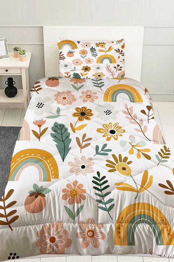 Çiçekli Boho Gökkuşağı Desenli Kız Çocuk Tek Kişilik Kapitoneli Yorgan Kılıfı Uyku Seti - 1