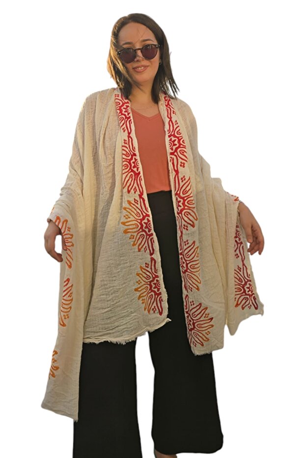 Cream Color Sun Patterned Handmade Cotton Shawl