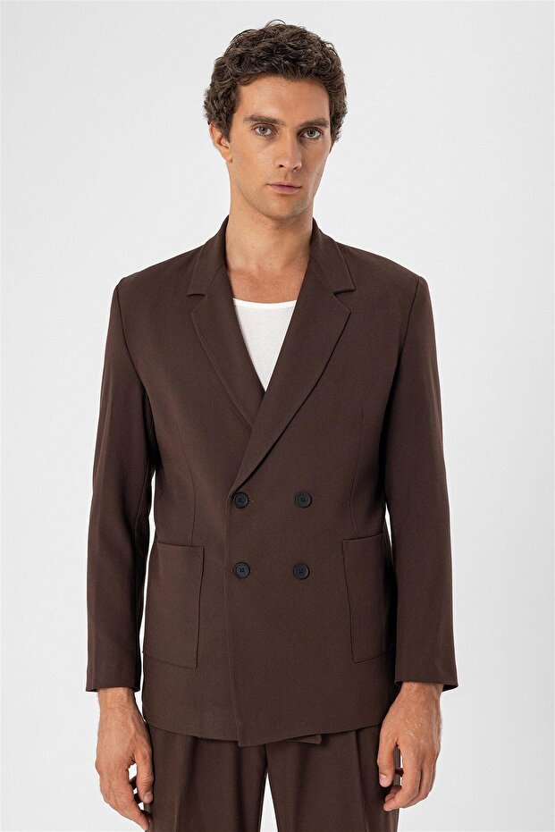 Double Breasted Men's Blazer Jacket with Coffee Bag Pocket