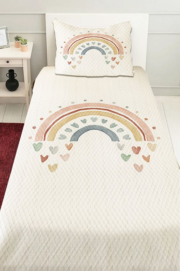 Gökkuşağı Boho Desenli Kız Çocuk Tek Kişilik Kapitoneli Pike Takımı Yatak Örtüsü - 1