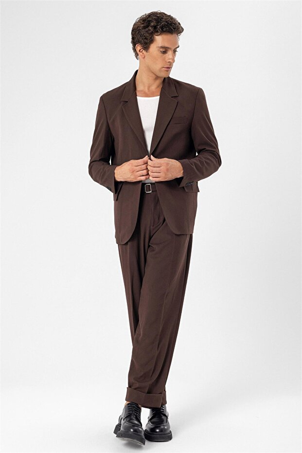 Brown Single Button Closure Relax Fit Men's Jacket