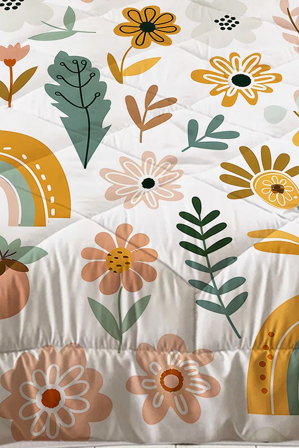 Çiçekli Boho Gökkuşağı Desenli Kız Çocuk Tek Kişilik Kapitoneli Yorgan Kılıfı Uyku Seti - 3