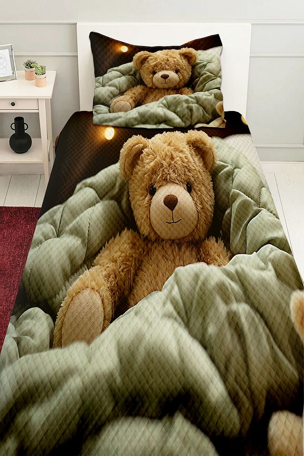 Oyuncak Ayı Teddy Desenli Kız Çocuk Tek Kişilik Kapitoneli Pike Takımı Yatak Örtüsü - 1