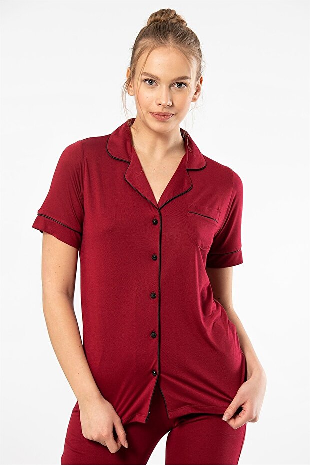 3368 Claret Red Women's Plain Short Sleeve Shirt Collar Pajamas Set