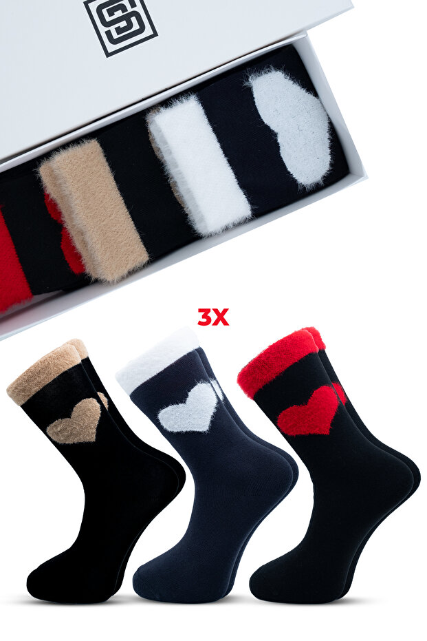 Hearted Fuzzy Elastic Bamboo Women's Socks. Boxed Set of 3 Women's Hearted Socks.