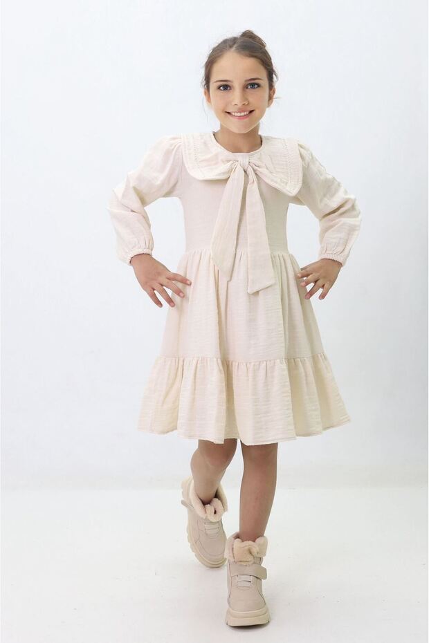 My Little Girl's Bow Collar Detailed Cotton Lined Girls' Dress - Beige