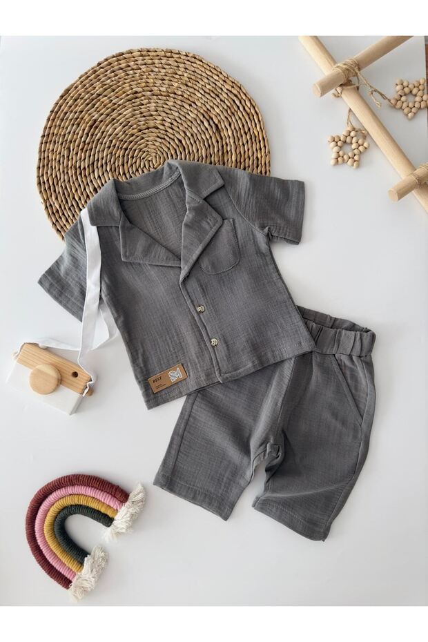 Boys' Cotton Shorts Set - Muslin Jacket Collar, Dark Gray