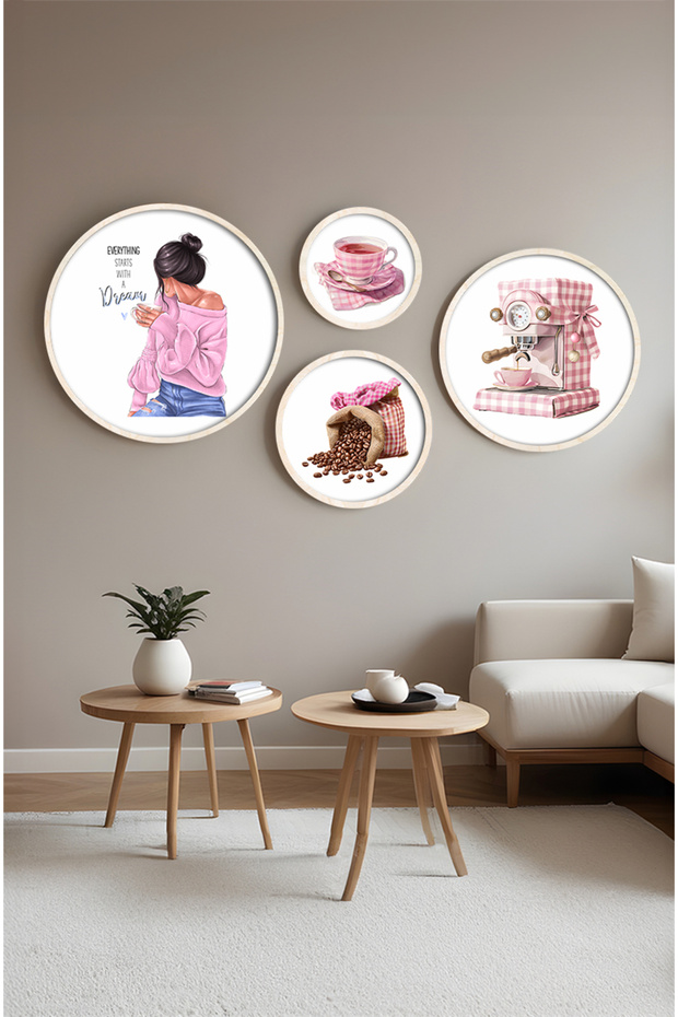 Modern 4-Piece Round Painting Set with Wooden Frame Huhu414