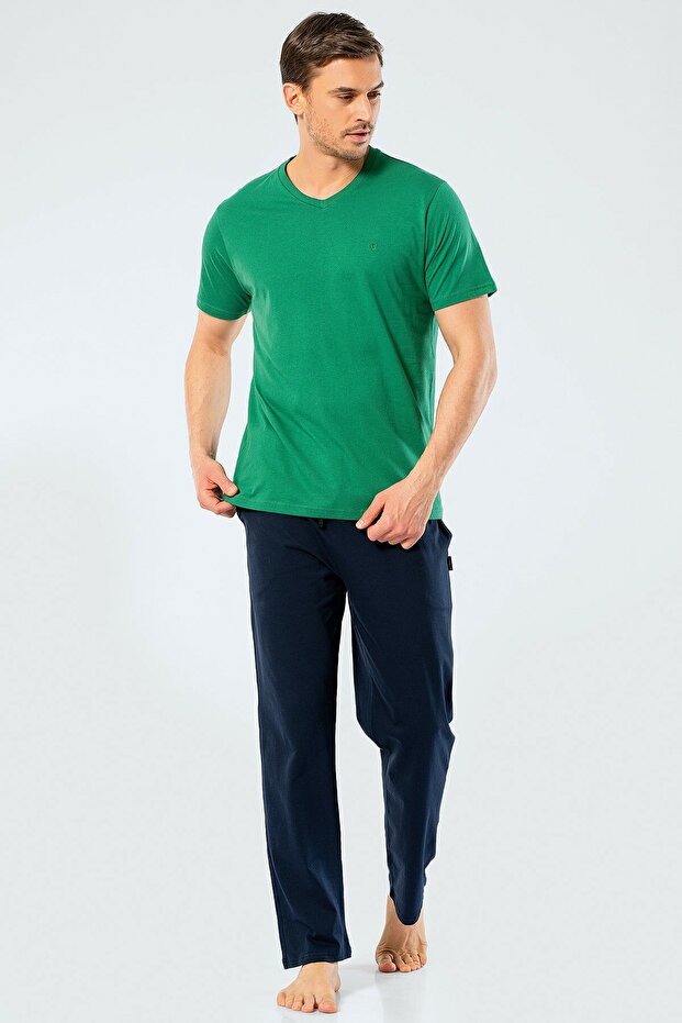 4137 Green Men's Embroidered V-Neck Trousers Pajama Set