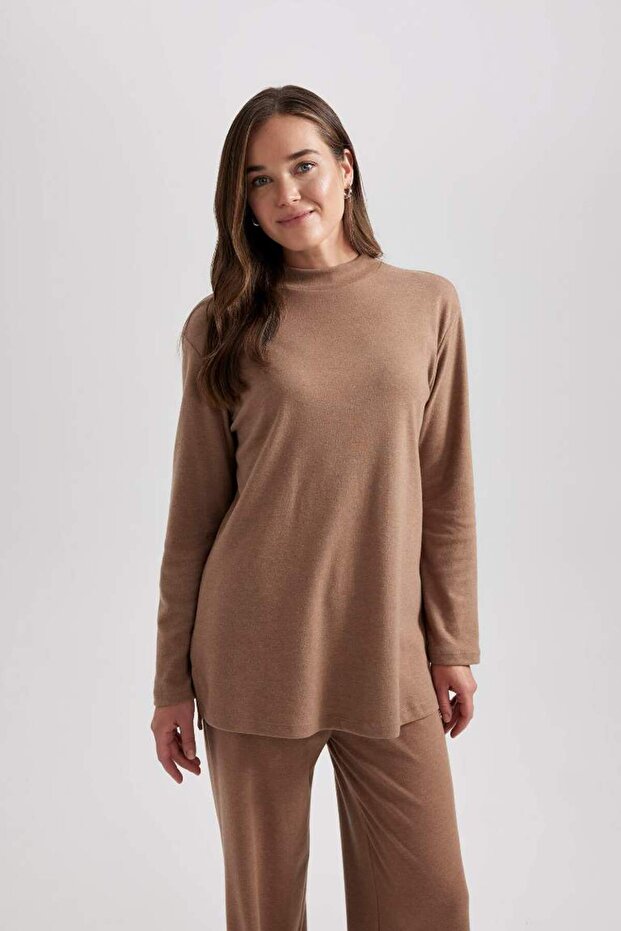 Regular Fit Half Turtleneck Soft Furry Softshell Long Sleeve Tunic Beige