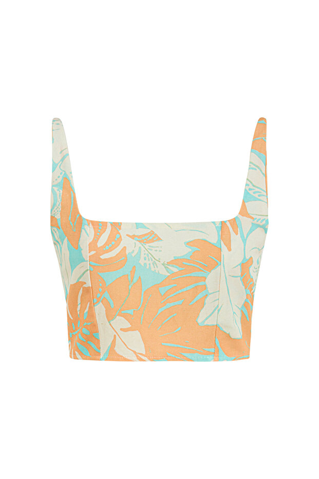 Women's Orange Floral Printed Linen Blend Crop Blouse