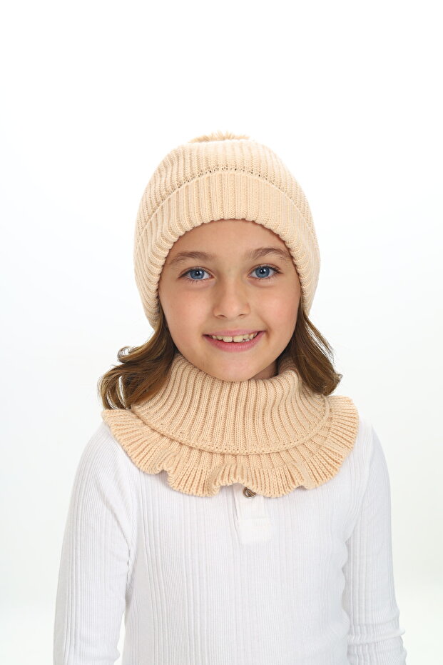 Girl's Beret Neck Collar Suit Thessaloniki Braided 4-10 Years Old Single Pompom