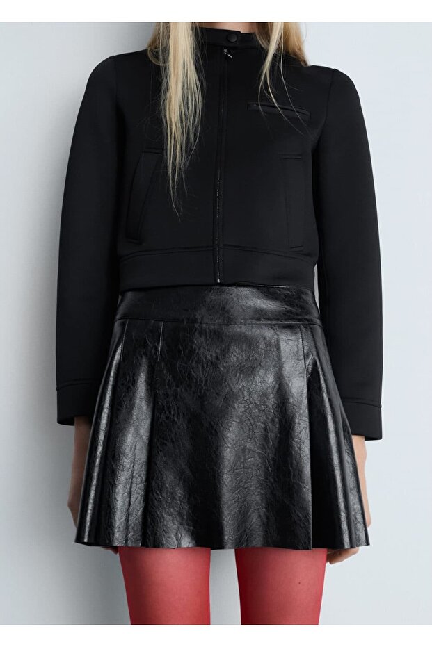 Deri görünümlü pilili mini etek - 6
