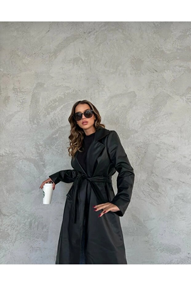 Hosszú bőrkabát zsebekkel - 3