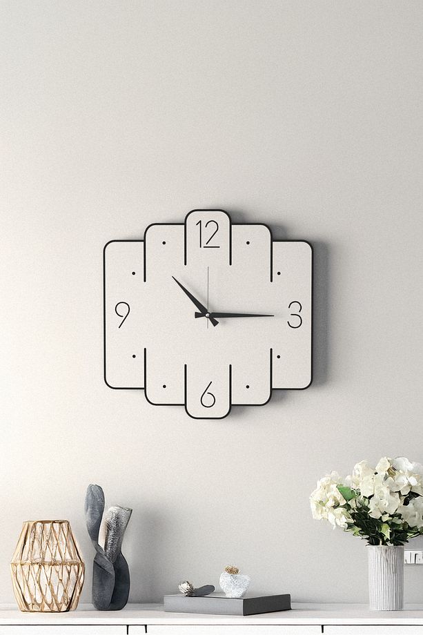 Dekoratif Yeni Modern Avior Beyaz Ahşap Duvar Saati - 48cm - 2 Adet Vazo Tablo Hediye - 3
