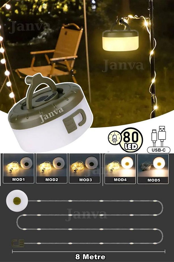 Şarjlı 8x80 Led Kamp Lambası Işıldak Fener Dekor Lambası Yıl Başı Süsü Perde Peri Şerit Led Makaralı - 5