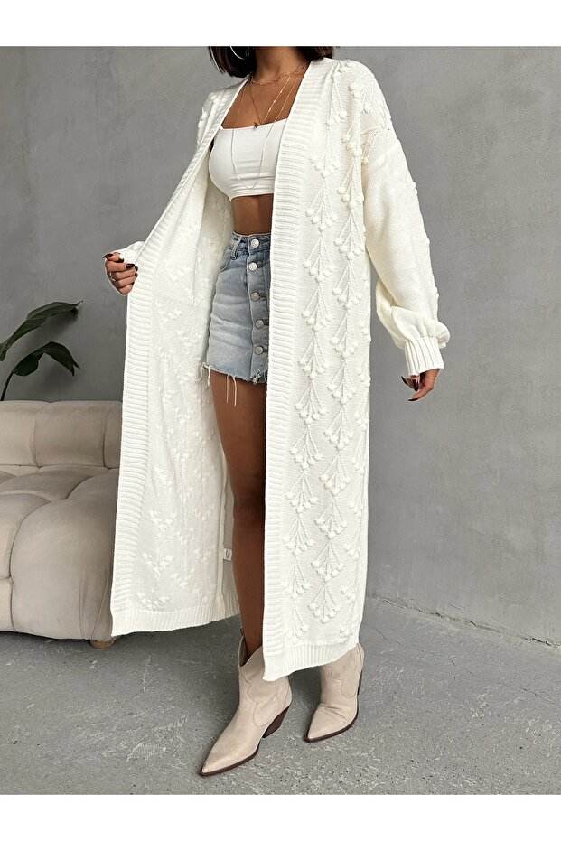 Standard Size Cherry Patterned Cotton Women's Knitwear Long Cardigan