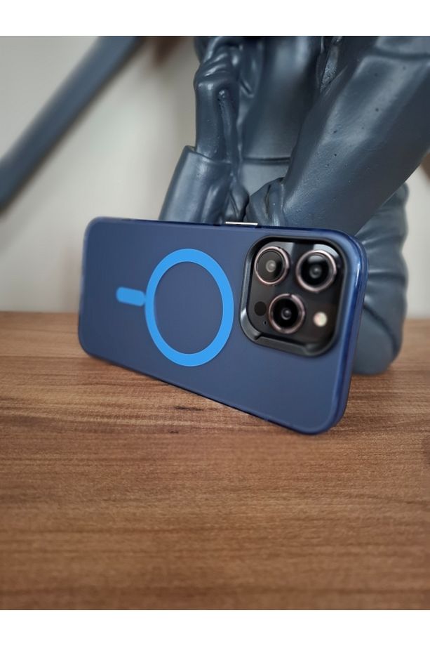 TrendyTech iPhone 14 Pro Max Magsafe Manyetik Şarj Özellikli Arkası Buzlu Transparan Mavi Kılıf - 5