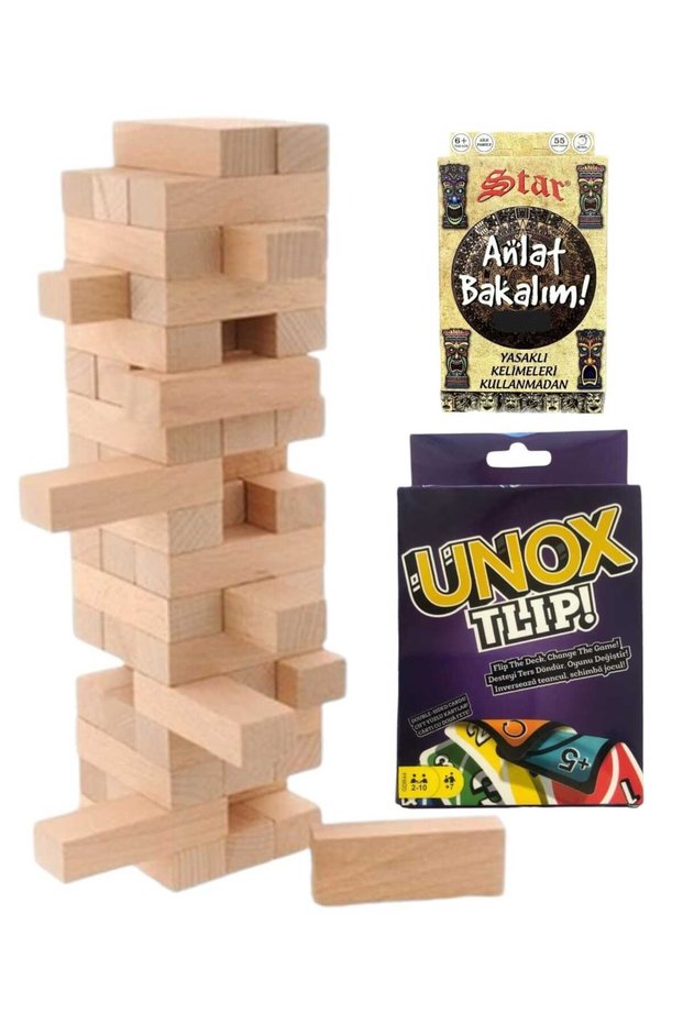 54 Piece Wooden Balance Game - Tell Me Please Cards - Tlip Game Card - 3-Piece Game Set