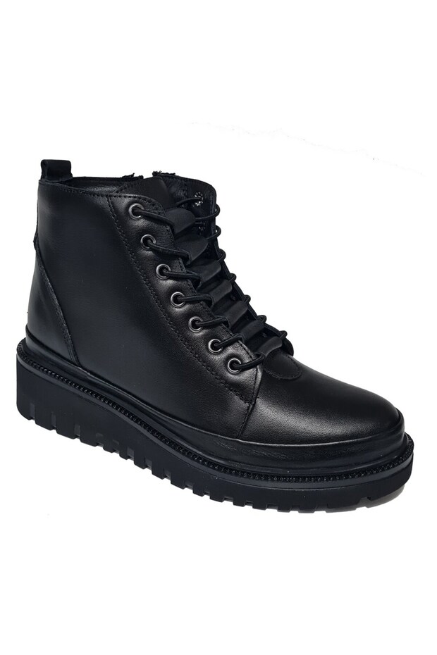 Women's Closed Lace-Up Wedge Heeled Genuine Leather Boots 7685-1
