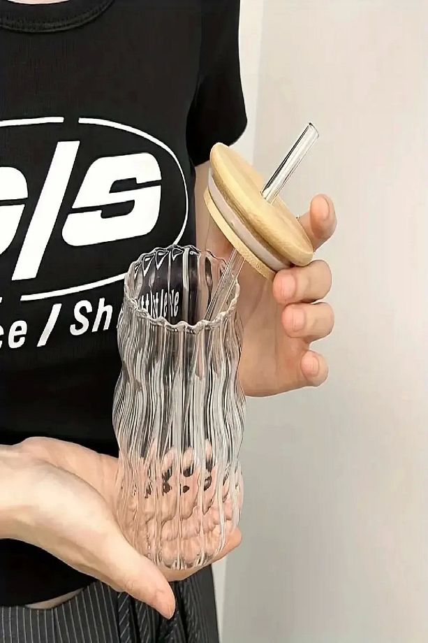 4'lü Sukabağı Latte İskandinav  Bambu Kapaklı Cam Pipetli Bardak Kahve Kokteyl Sunum Bardağı 400ml - 4