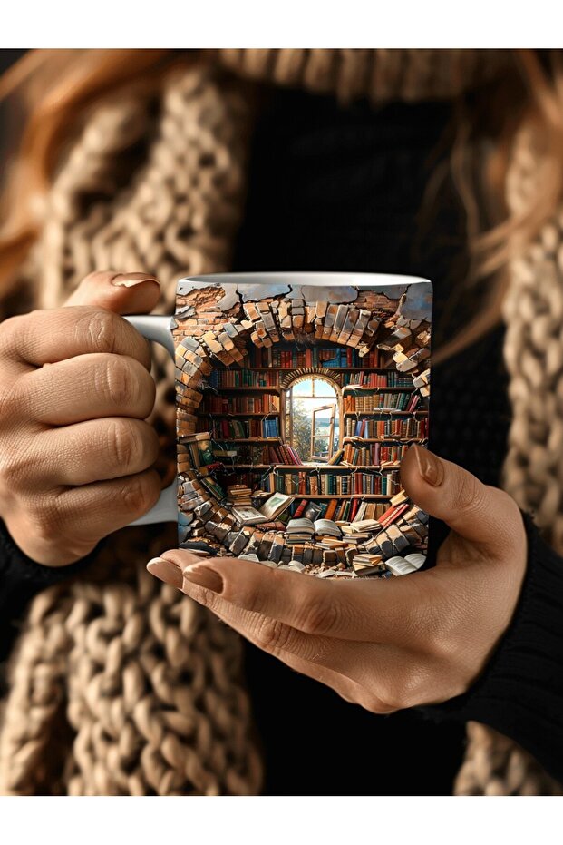 كوب سيراميك بتصميم ثلاثي الأبعاد مطبوع عليه مكتبة خزانة الكتب - كوب هدية