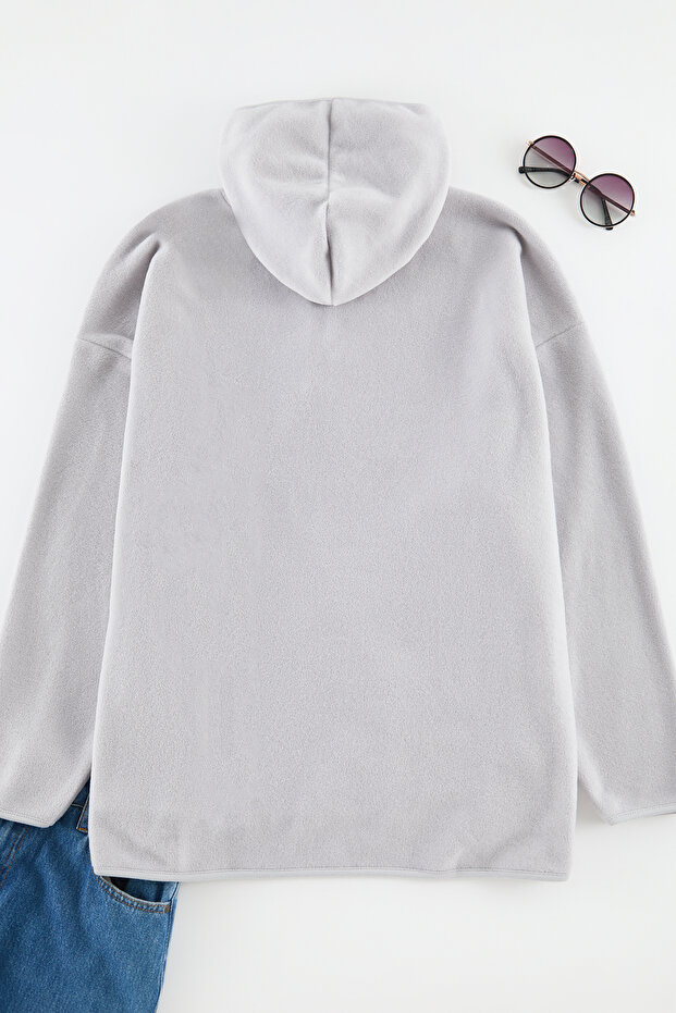 Gri Kalın Polar Kapüşonlu ve Fermuarlı Oversize/Bol Kesim Örme Büyük Beden Sweatshirt TBBAW25AO00030 - 11