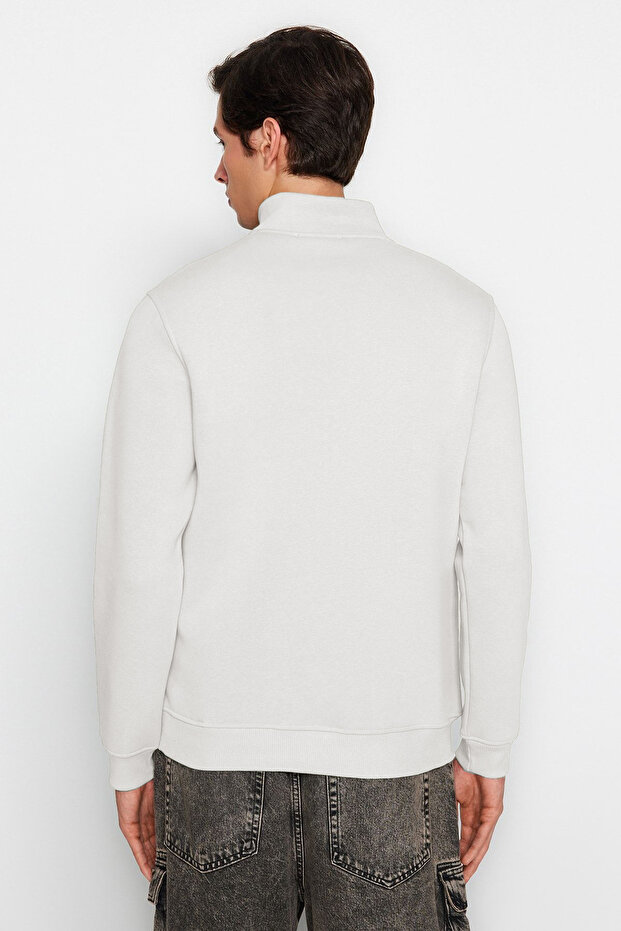 Ekru Regular/Normal Kesim Dik Yaka Fermuarlı İçi Polar/Sıcak Tutan Basic Sweatshirt TMNAW24SW00041 - 5