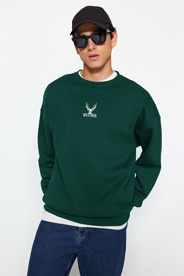 Yeşil Oversize/Geniş Kesim Bisiklet Yaka Uzun Kol Hayvan Nakışlı Sweatshirt TMNAW24SW00169 - 4