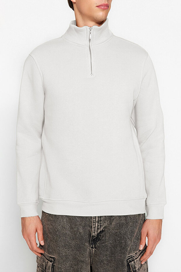 Ekru Regular/Normal Kesim Dik Yaka Fermuarlı İçi Polar/Sıcak Tutan Basic Sweatshirt TMNAW24SW00041 - 4