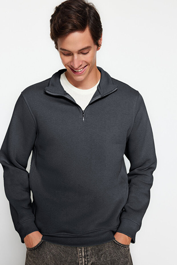 Antrasit Regular/Normal Kesim Dik Yaka Fermuarlı Sıcak Tutan Basic Sweatshirt TMNAW24SW00041 - 2